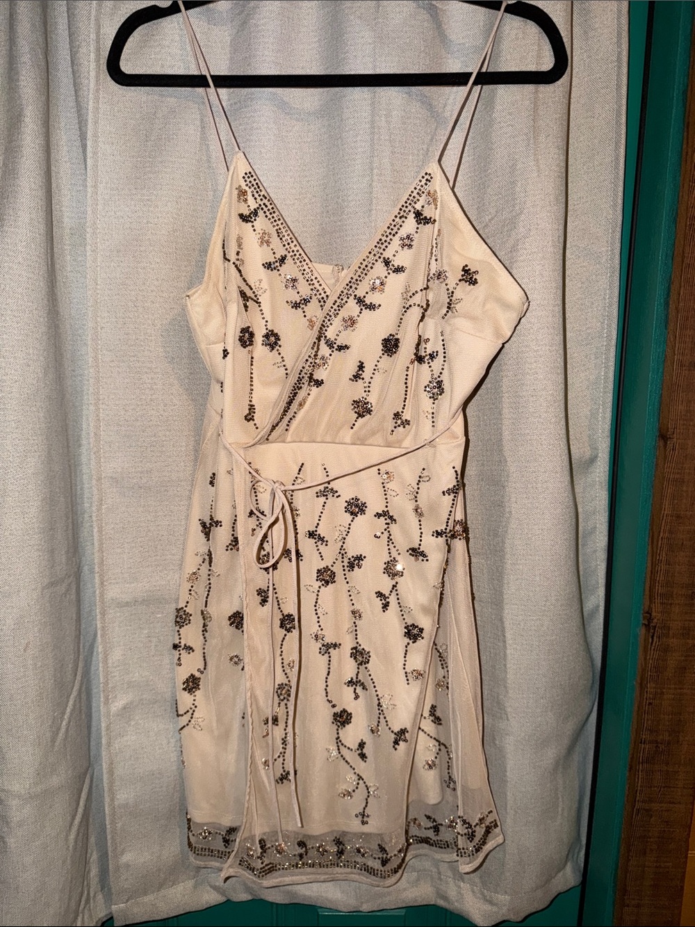 Altar’d State Beaded V-Neck Spaghetti Strap Cream Dress